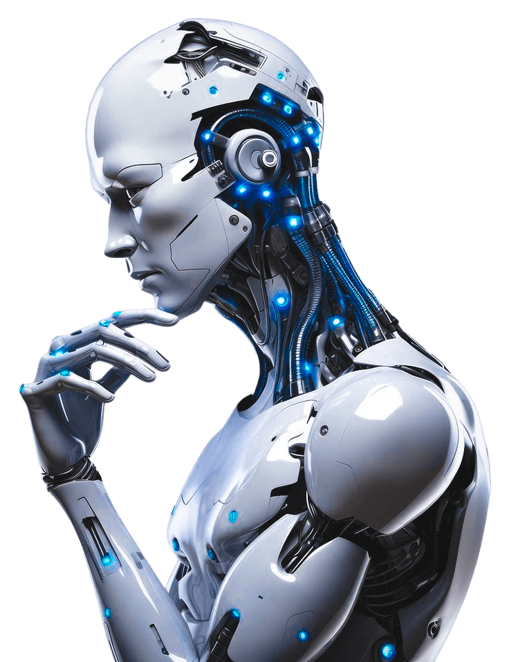 A sleek white humanoid robot in a thinking pose, lit with glowing cyan accents against a black background.